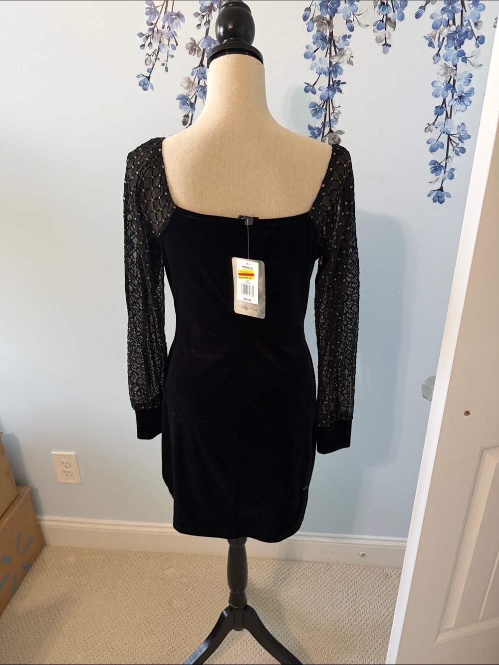 Lily Rose Black Velvet Dress with Embellished Sheer Long Sleeves - Picture 4 of 5